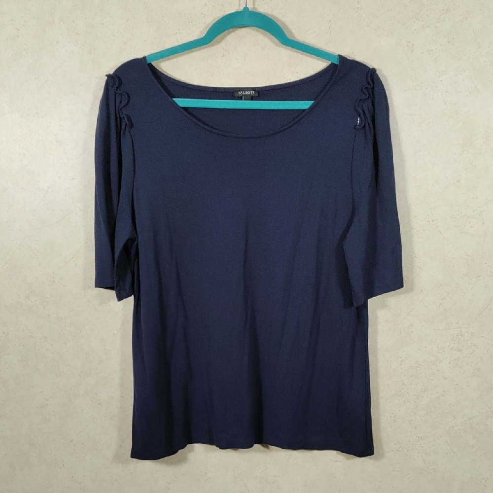 *C172 Talbots navy blue knit ruffle trim short sleeve top XL FINAL PRICE